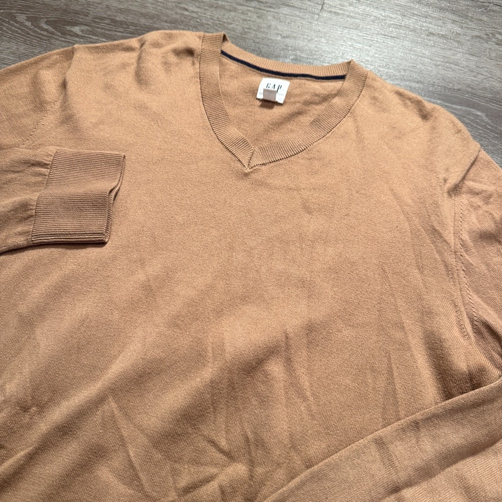 Gap Sweater Mens Large Tan 100% Cotton V-Neck Ribbed Preppy Minimalist Classic